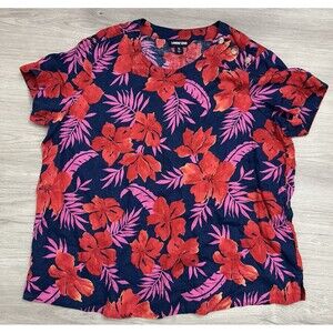 Lands End 100% Linen Tropical Floral Short Sleeve Top XL Resort Vacation Beachy